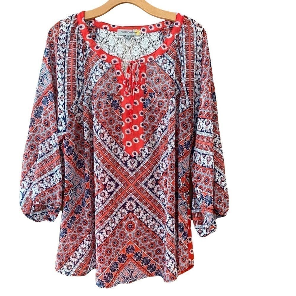 Figueroa & Flower 1X Red Mixed Floral Paisley BOHO Lace Pheasant Sleeves Blouse